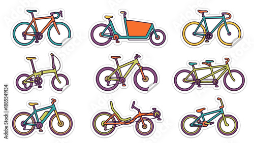 Bicycle icons set. Vibrant sticker style collection. Road mountain cargo tandem folding bmx recumbent. Cycling transport vector. Eco travel symbols. Urban mobility badges. Sport leisure.