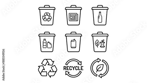 Recycling bin icons set. Waste management sorting. Garbage separation. Minimalist line art. Eco friendly symbol. Trash can. Paper plastic glass metal organic. Ecology. Sustainable.