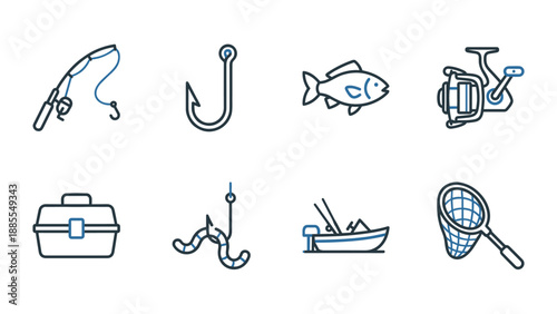 Fishing Icons Set Line Art Vector. Rod Hook Fish Reel Tackle Box Bait Boat Net. Angling Equipment Symbols. Outdoor Hobby Sport Activity. Fisherman Gear Illustration