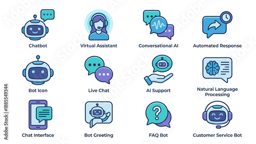 Chatbot AI Assistant Icon Set. Virtual Assistant Bot. Conversational AI. Customer Service. Live Chat Support. FAQ Bot. Automated Response. Natural Language Processing NLP