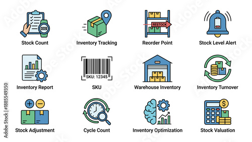 Inventory management icons set. Stock count tracking reorder point alert. Warehouse logistics supply chain distribution symbols. Business commerce storage SKU barcode. Graphic vector