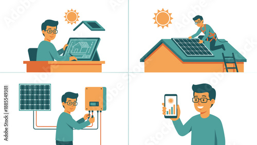 Solar energy system. Photovoltaic installation. Renewable power. Green technology. Technician. Sustainable electricity. Flat vector. Eco home. Smart monitoring. Energy saving.