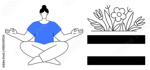 Meditating person in lotus pose, equality sign with flowers growing on top. Ideal for mindfulness, meditation, equality, nature, wellness, inner peace and balance themes. Simple flat metaphor