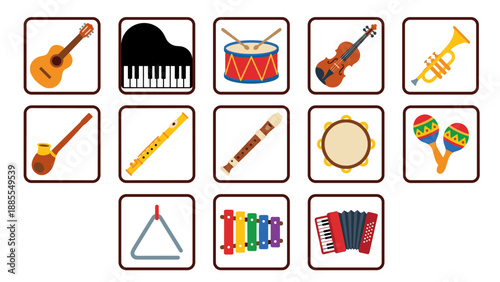 Vector Icon Set of Musical Instruments for Music Class Education Featuring Guitar, Piano, Drum, Violin, Trumpet, Flute, Recorder, Tambourine, Maracas, Triangle, Xylophone, and Accordion in Flat Design
