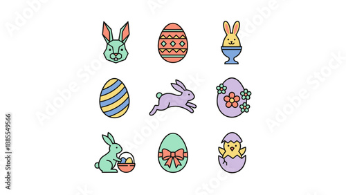 Set of 9 Easter Icons Featuring Bunnies, Decorated Eggs, and a Hatching Chick in a Clean Geometric Style. Pastel Colored Minimalist Vector Line Art Pack for Spring Holiday Graphic Design Projects