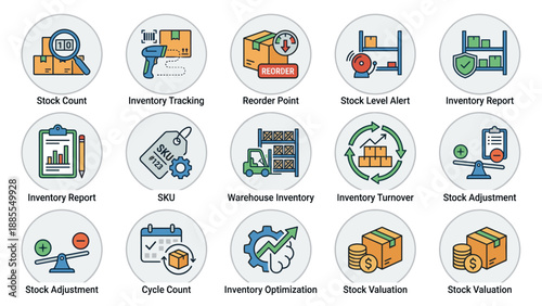 Inventory management icons set. Supply chain logistics, warehouse stock control, product distribution, order tracking, storage organization. Business commerce line symbol collection. Flat vector