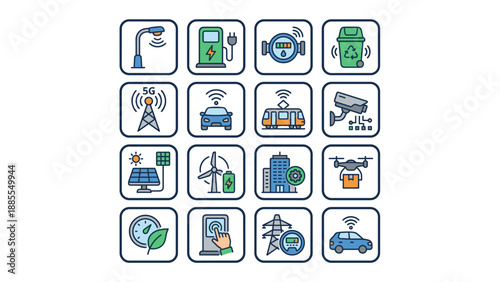 Smart city infrastructure icons. Vector set. Technology, IoT, renewable energy, 5G. Urban innovation, digital connectivity, eco power, modern town planning, sustainable future.