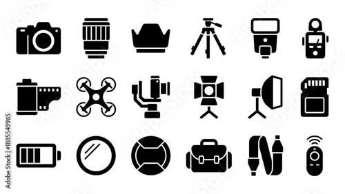 Photography equipment icons set. Camera gear vector collection. Digital photo studio glyph symbols. Lens, tripod, drone, flash, bag. Geometric black silhouette kit for photographer.