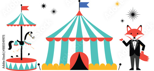 Flat vector circus carnival set featuring big top striped tent carousel horse and fox ringmaster character for children party invitations nursery decor and festival posters.