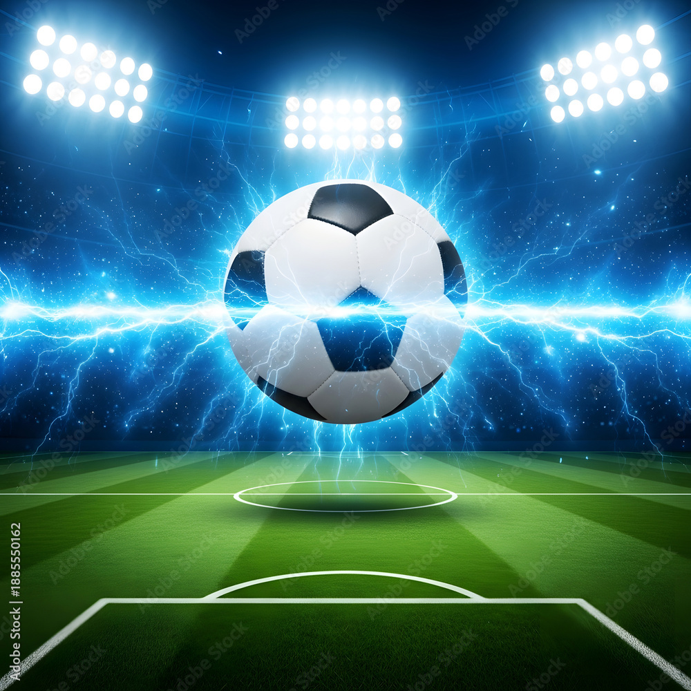 Naklejka premium Soccer ball in spotlight on green football field