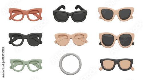 Collection of fashionable sunglasses in various styles and colors