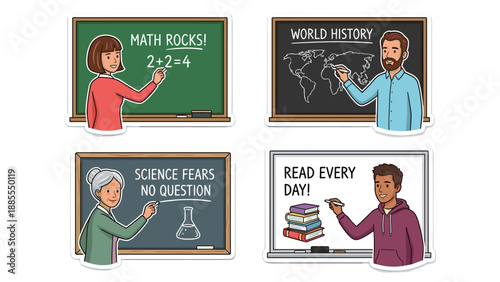 Set of 4 teacher stickers. Education vector collection. Diverse professors writing on blackboards. Teaching math history science reading. Classroom scenes. School learning concept.