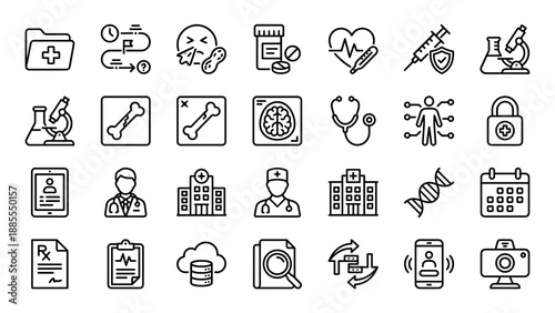 Medical Line Icons Set for Electronic Health Records. Digital Healthcare Technology Symbols. Hospital Doctor Medication Allergies Telemedicine DNA Cloud Security Patient Data Vector.