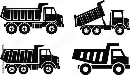 Dump truck silhouette set featuring construction hauling vehicles in multiple views vector illustration isolated on white background design