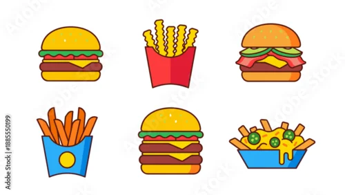 Fototapeta Fast food vector icon set collection. Delicious cheeseburger and french fries illustration. Junk food menu elements. Colorful flat style snacks. American lunch meal concept art.