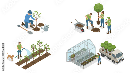 Isometric tree planting scenes collection. Gardening volunteers family community. Reforestation environmental care. Greenhouse cultivation. Urban forestry sustainability