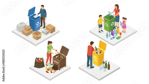Waste sorting recycling illustration isometric. People separating paper plastic organic glass trash bins. Sustainable environment ecology concept. Family adults children recycle management