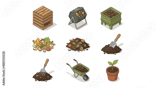 Composting icons set. Compost bin container tumbler. Organic waste recycling. Soil fertilizer gardening. Food scraps decomposition. Sustainable zero waste. Eco-friendly agriculture
