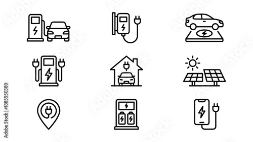 Electric car charging station icons set. Minimalist line art vector. EV battery power plug symbols. Green energy transportation. Eco friendly auto fuel. Modern outline UI design concept.
