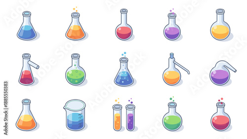 Set of 12 science laboratory flask and beaker icons, modern isometric vector illustration, colorful chemical liquids, experiment equipment, neatly ordered grid layout