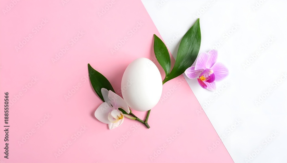 Fototapeta premium A white egg nestled among green leaves and delicate flowers on a pastel pink and white background