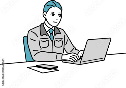 デスクで作業をしている作業着の男性のイラスト