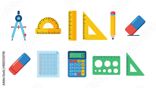 Mathematics geometry tools vector icons. Colorful flat school supplies set. Compass protractor ruler calculator pencil. Education equipment collection for math class measurement.