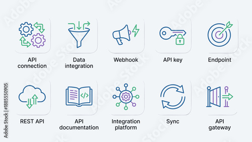 API integration icons. Web development data connection. Cloud technology interface. Webhook key endpoint. REST documentation sync gateway. Network programming vector. Digital code.