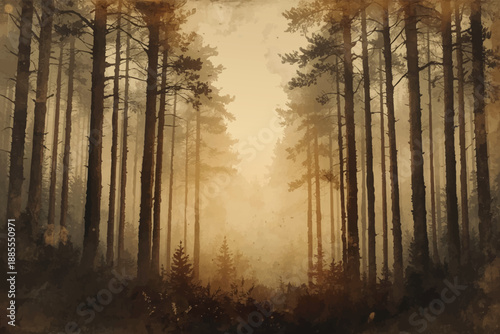 Misty Forest Sunset Background with Pine Trees