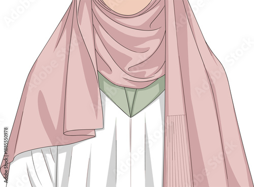 Modest fashion hijab illustration, elegant Muslim woman outfit vector, pastel scarf draping style, modern Islamic clothing design, minimal flat artwork