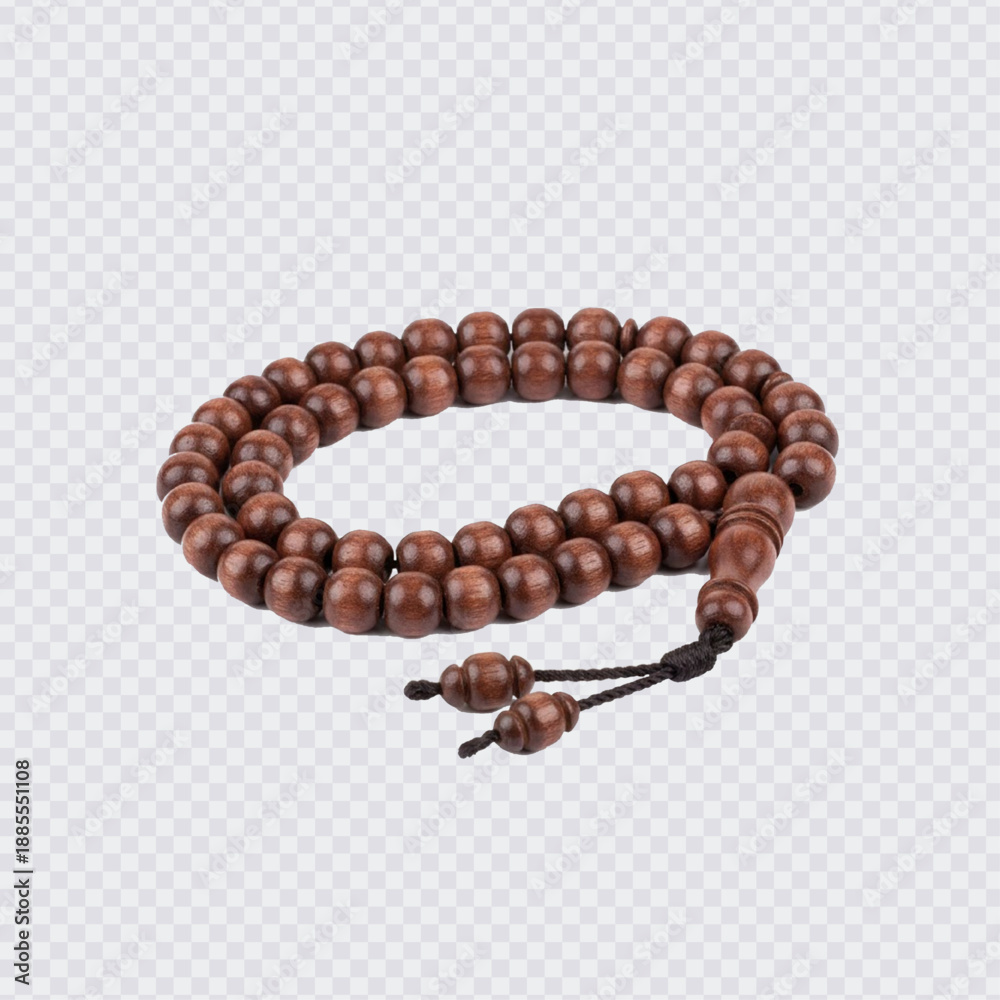 Obraz premium A traditional string of wooden prayer beads (Tasbih, Misbaha, or Japa Mala) in a rich brown color with a black tassel, used for spiritual meditation or religious practices.