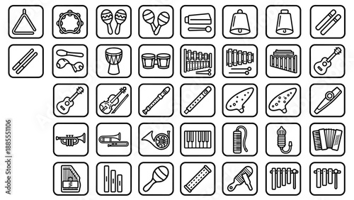 Music education instruments icon set. Linear vector collection. Musical school equipment symbols. Orchestra icons. Outline acoustic classical jazz rock band kit. Sound art element.