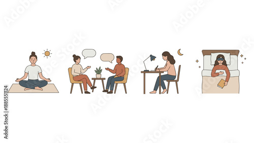 Mental health self care routine. Woman meditating. Psychotherapy counseling session. Journaling diary. Sleeping bed. Mindfulness relaxation. Healthy lifestyle. Emotional balance