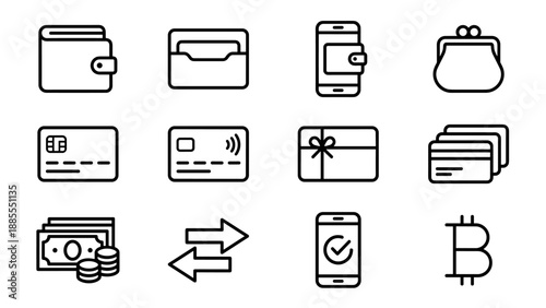 Payment wallet money finance icon set. Digital mobile banking credit card contactless NFC purse bitcoin cryptocurrency cash transaction. Line outline minimal vector symbols business commerce