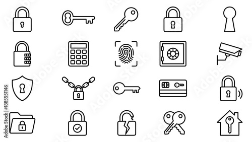 Security protection lock key icon set. Padlock keyhole safe fingerprint shield chain surveillance camera password access control. Line outline symbol collection. Cyber digital safety vector