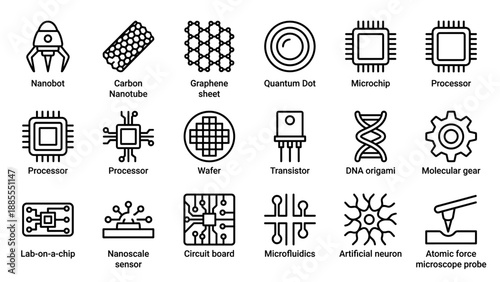 Nanotechnology microchip processor icon set. Quantum dot transistor DNA origami molecular gear graphene nanobot circuit board lab-on-chip microfluidics line vector