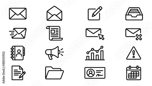 Set of 16 email marketing and newsletter outline icons: envelope, inbox, send, draft, edit, contact, folder, calendar, analytics chart, warning alert. Minimal line UI