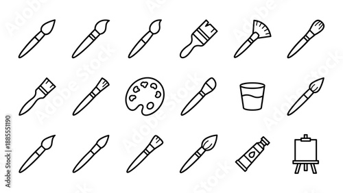 Art supplies icon set vector collection paintbrushes palette easel. Minimalist line art style. Painting tools artist studio. Creative education equipment symbols. Drawing hobby sketch.