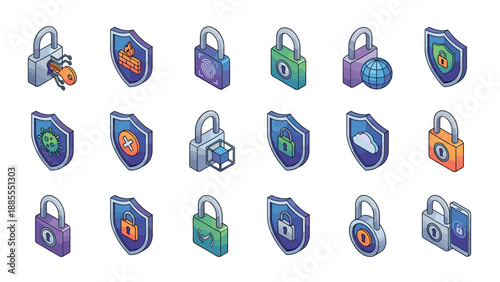 Cybersecurity protection icon set. Isometric security shield lock symbols. Firewall antivirus encryption biometric authentication. Digital privacy safety concept. Vector