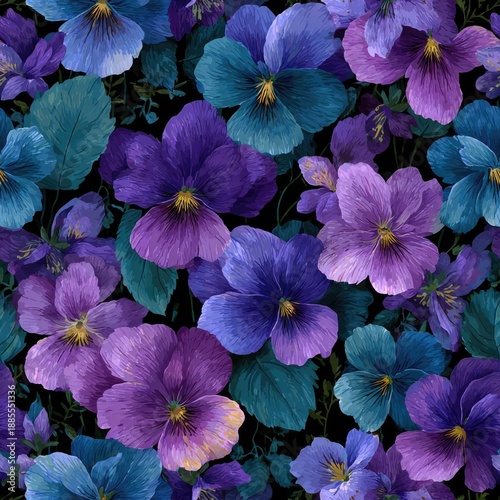 Vibrant floral pattern with blue and purple pansies on a dark background.
