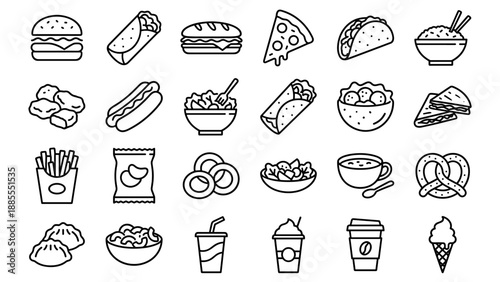 Fast casual food icons. Minimal monoline outline style set. Vector collection. Burger pizza taco salad fries. Restaurant menu symbols. Linear art. Lunch dinner snack. Graphic design.