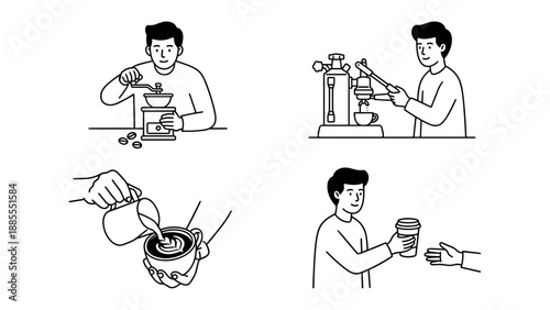 Coffee preparation process vector illustration. Monoline set of barista making coffee, grinding beans, brewing espresso, pouring latte art, and serving takeaway drink. Café barista concept