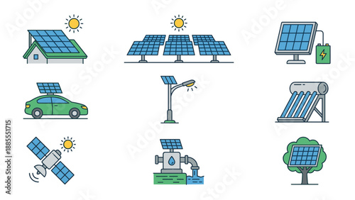 Solar energy icon set. Renewable power vector collection. Photovoltaic panels. Green technology. Eco friendly electricity. Sustainable home. Solar car battery charging