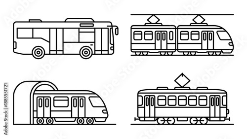 Public transport vector icon set. Bus subway tram train minimalist line art style. Urban city transit symbol collection. Commuter travel vehicle isolated. Transportation logistics