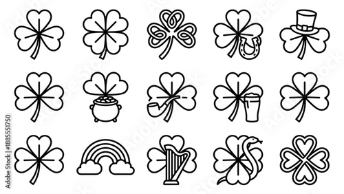 St. Patrick’s Day clover icon set. Outline shamrock symbols in minimalist linear style. Irish holiday celebration elements with top hat, horseshoe, pot of gold, beer, rainbow, harp, and snake.