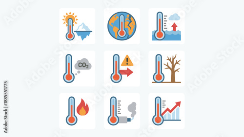 Global warming icons. Climate change vector set. Thermometer temperature rising symbols. Environmental disaster concepts. Heat wave warning. Greenhouse effect. Melting ice drought fire