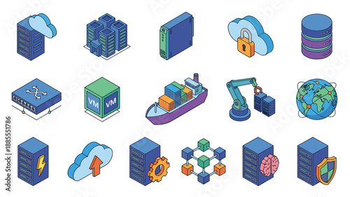 Isometric cloud computing and data center icon set with servers, database, network switch, VM, blockchain, AI, cybersecurity shield, cloud upload and lock, DevOps