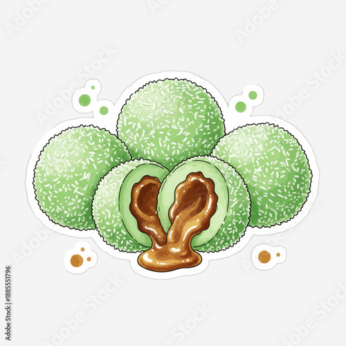Illustration of green coconutcoated mochi balls with molten caramel filling