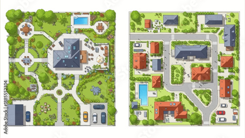 aerial view of two neighborhood communities with houses and green spaces