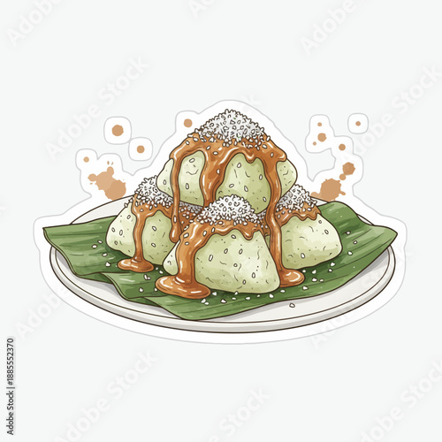 Illustration of green lupis food drizzled with brown sauce and sprinkled with white flakes